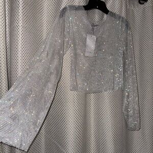 Long Sleeve Rhinestone Studded Top small/ Medium in White
